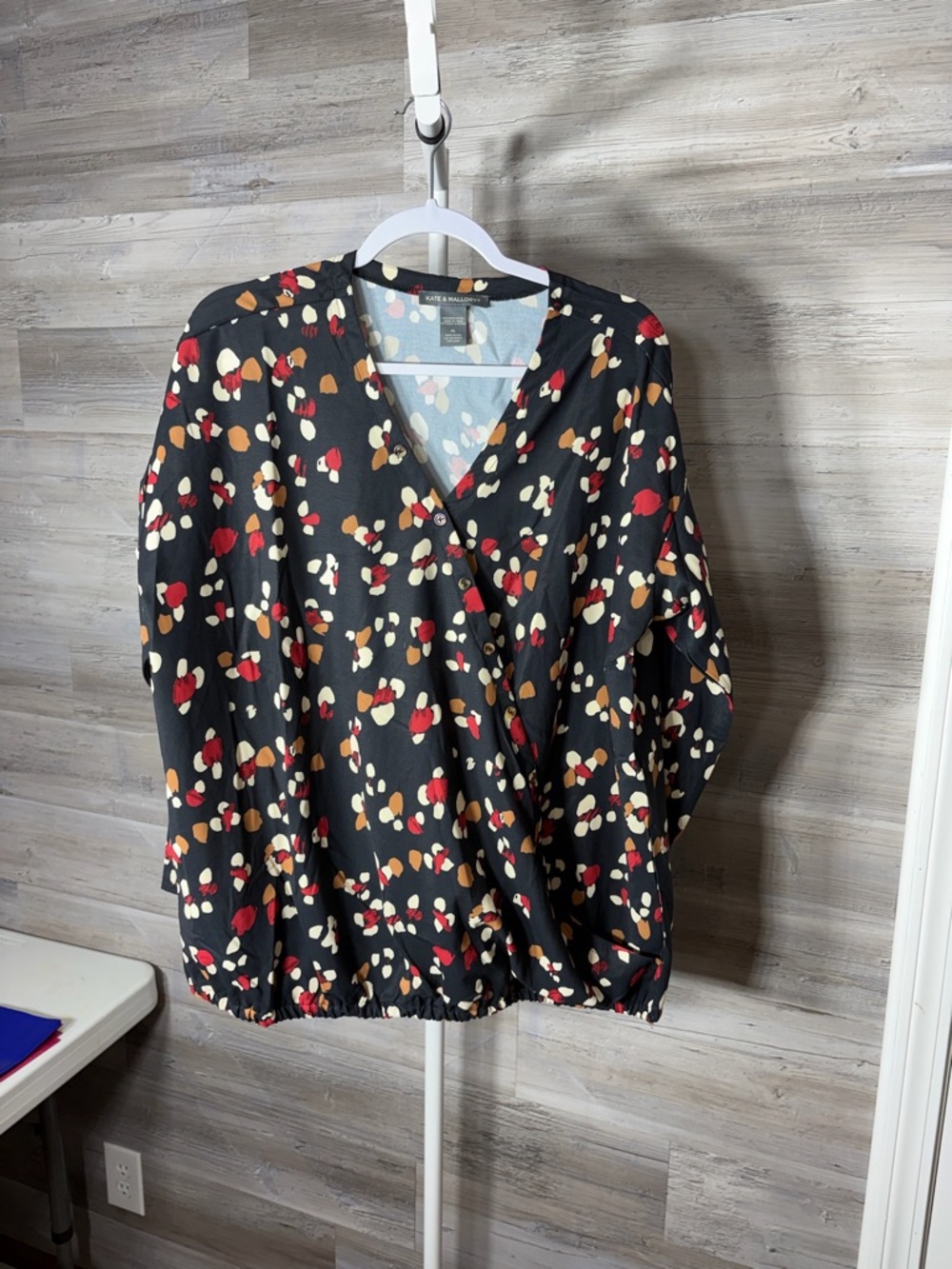 Kate & Mallory Black Floral Surplice Blouse with Red, Cream & Tan Dots 1858